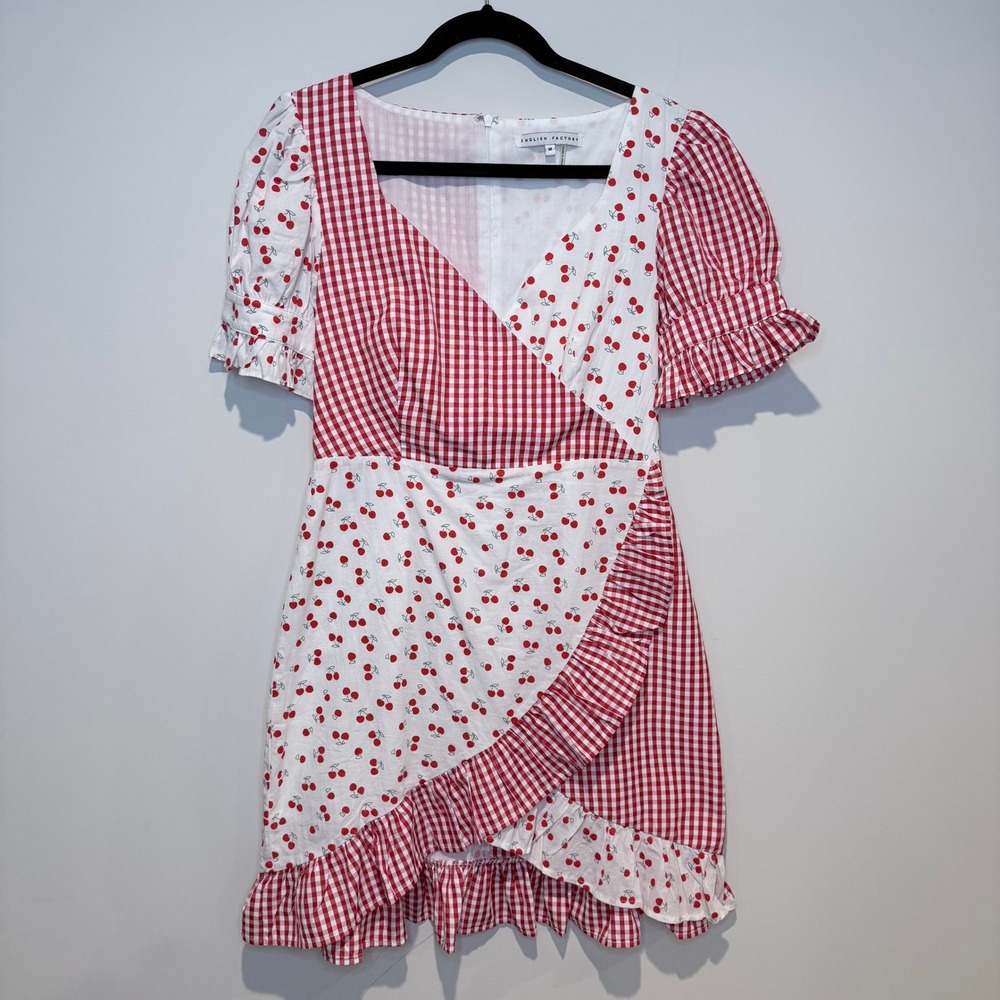 English Factory Red & White Cherry Patchwork Wrap Mini Dress